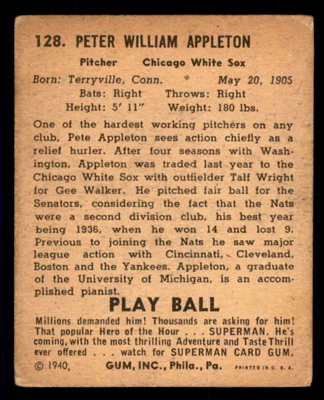 1940 Play Ball #128 Pete Appleton White Sox VG 533684