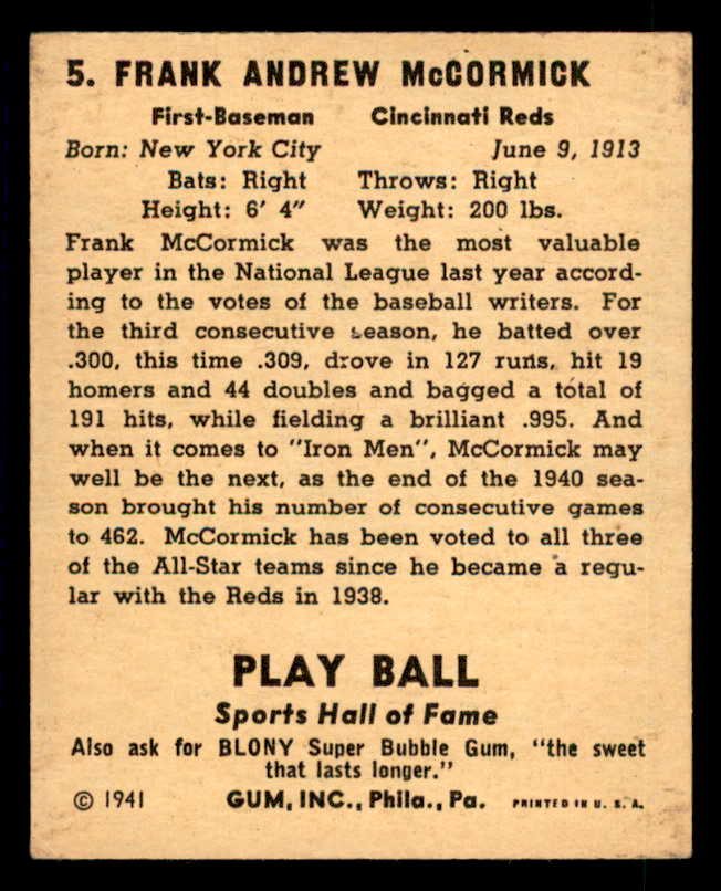 1941 Play Ball #005 Frank McCormick Reds VG-EX 533719