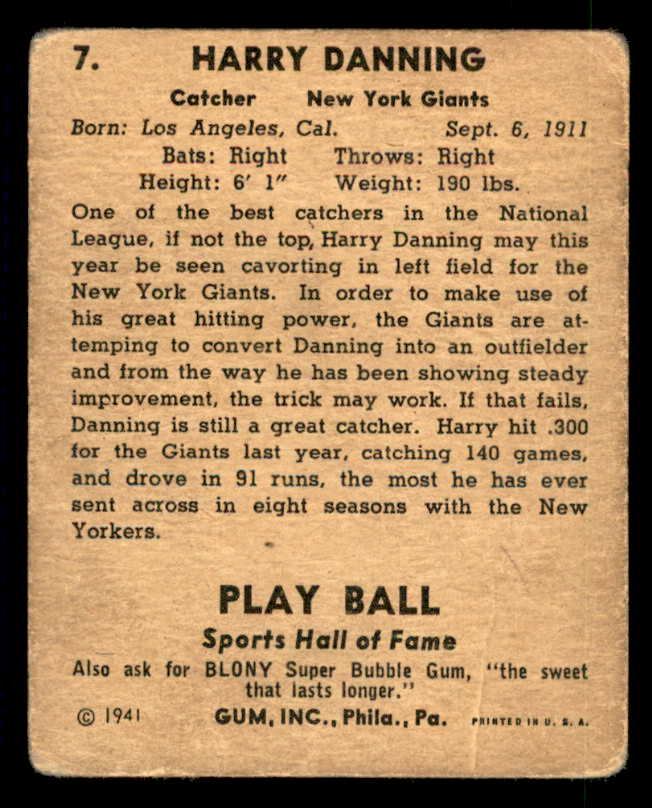 1941 Play Ball #007 Harry Danning Giants GD-VG 533721