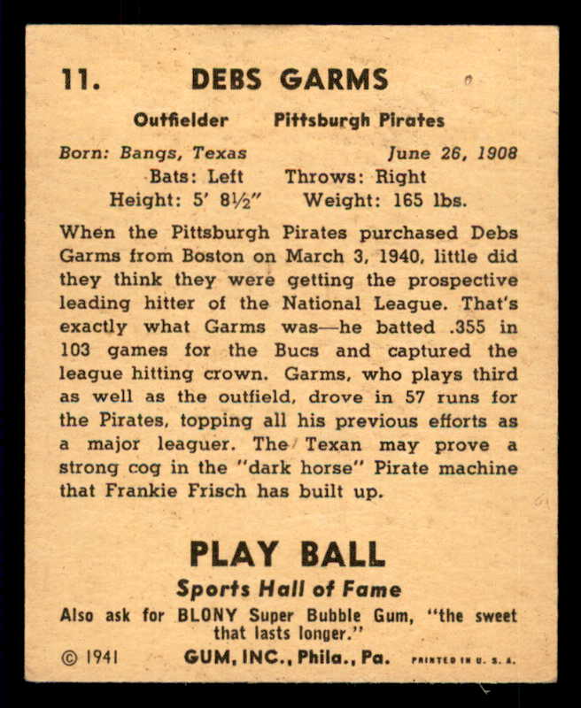 1941 Play Ball #011 Debs Garms Pirates VG 533724