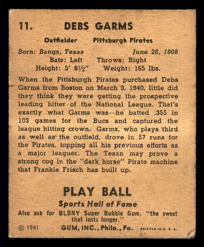 1941 Play Ball #011 Debs Garms Pirates VG-EX 533725