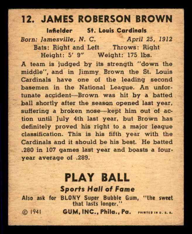 1941 Play Ball #012 Jimmy Brown Cardinals VG-EX 533726
