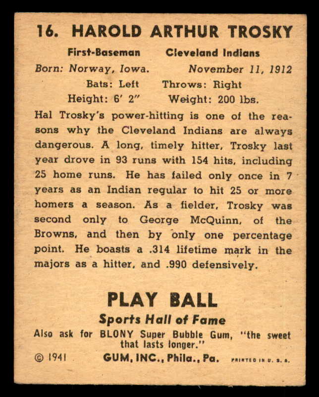 1941 Play Ball #016 Hal Trosky Indians VG 533729
