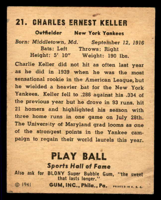 1941 Play Ball #021 Charlie Keller Yankees VG 533732