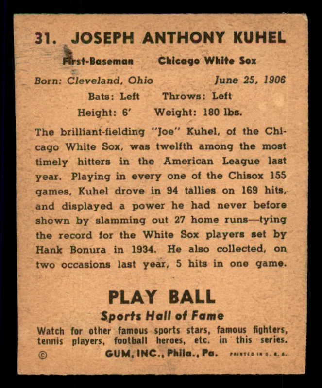1941 Play Ball #031 Joe Kuhel White Sox VG-EX 533747