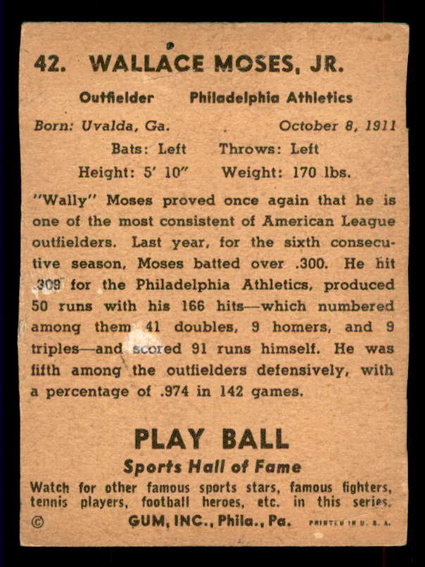 1941 Play Ball #042 Wally Moses A's Fair trimmed 533761