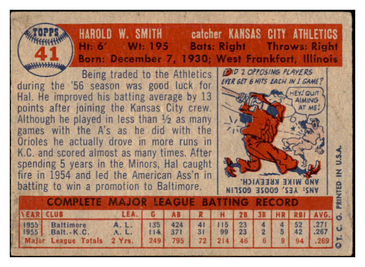 1957 Topps Baseball #041 Hal Smith A's EX-MT 533794