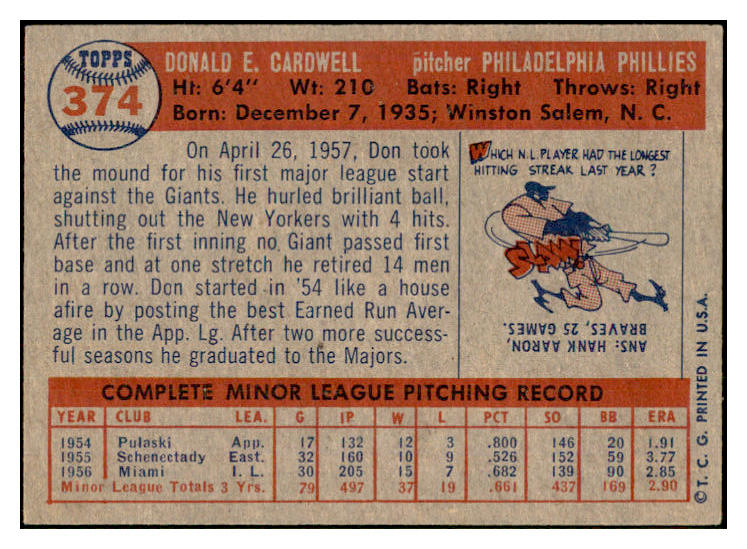 1957 Topps Baseball #374 Don Cardwell Phillies EX-MT 533805