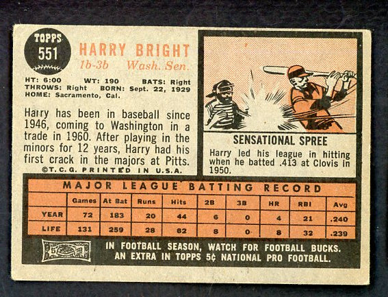 1962 Topps Baseball #551 Harry Bright Senators VG 534181