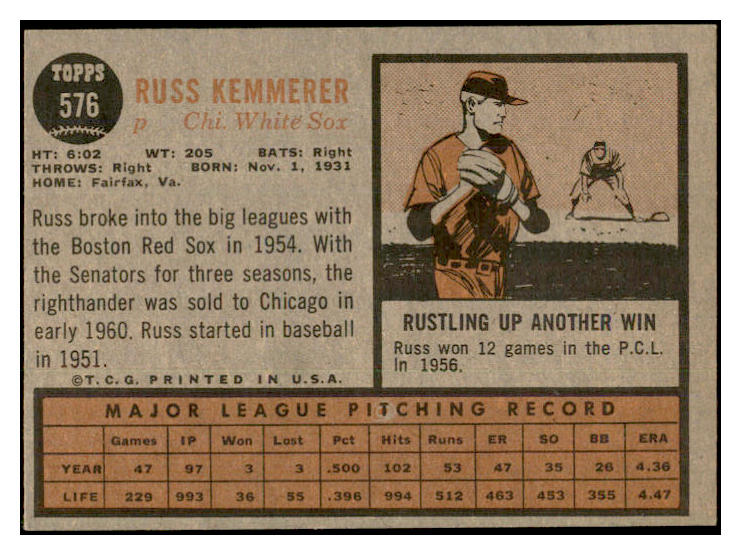 1962 Topps Baseball #576 Russ Kemmerer White Sox EX-MT 534218