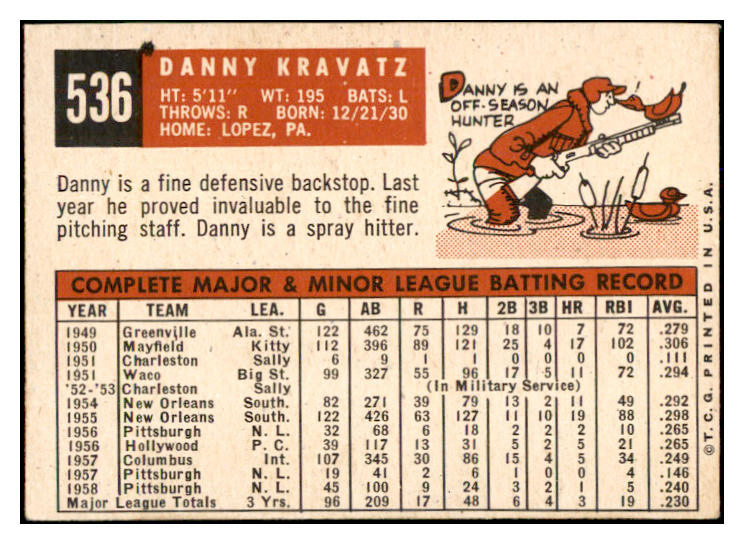 1959 Topps Baseball #536 Danny Kravitz Pirates VG-EX 534231