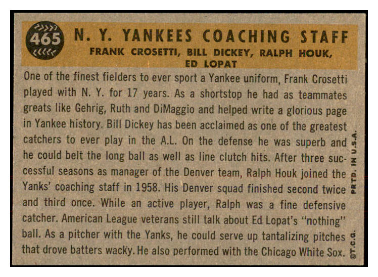 1960 Topps Baseball #465 Bill Dickey Yankees EX-MT 534349
