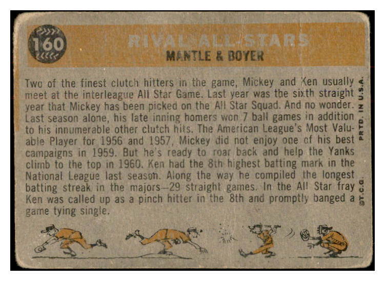 1960 Topps Baseball #160 Mickey Mantle Ken Boyer Fair 534359