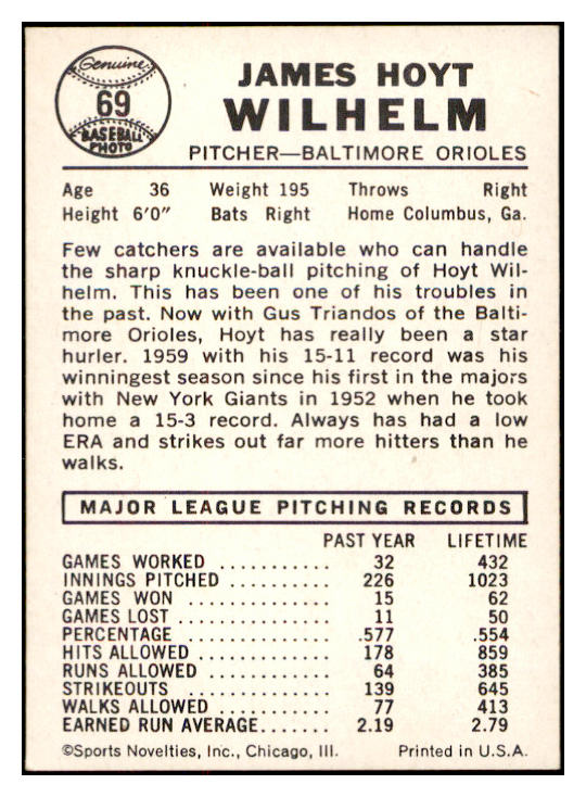 1960 Leaf Baseball #069 Hoyt Wilhelm Orioles EX-MT 534369