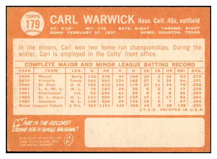 1964 Topps #179 Carl Warwick Colt .45s Signed Autographed 534631