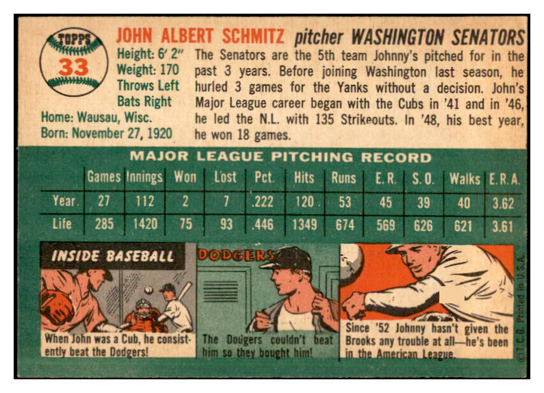1954 Topps Baseball #033 Johnny Schmitz Senators EX-MT 534680