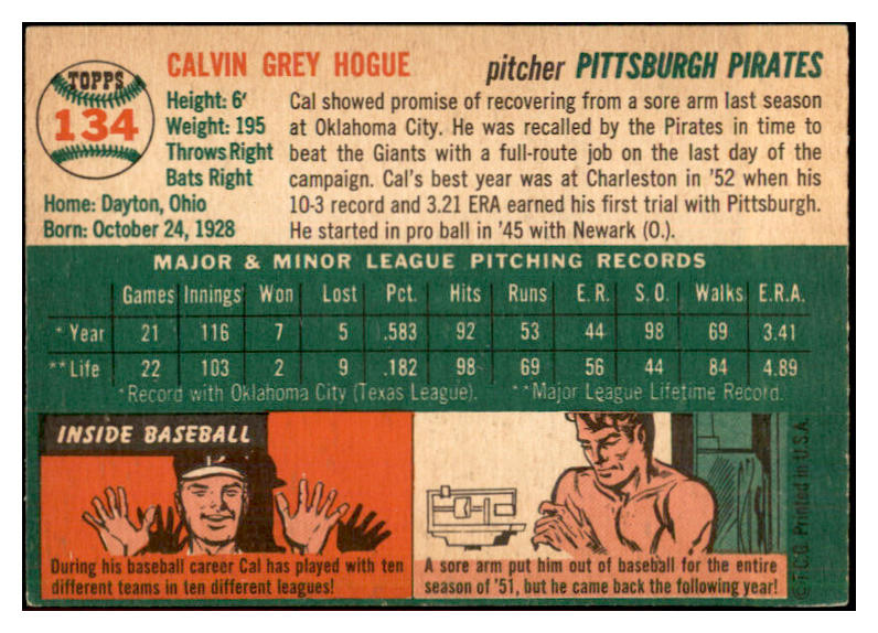 1954 Topps Baseball #134 Cal Hogue Pirates EX-MT 534758