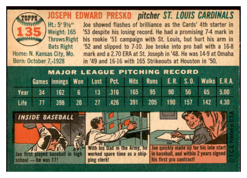 1954 Topps Baseball #135 Joe Presko Cardinals EX-MT 534759