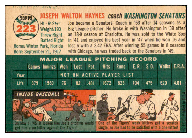 1954 Topps Baseball #223 Joe Haynes Senators EX-MT 534805