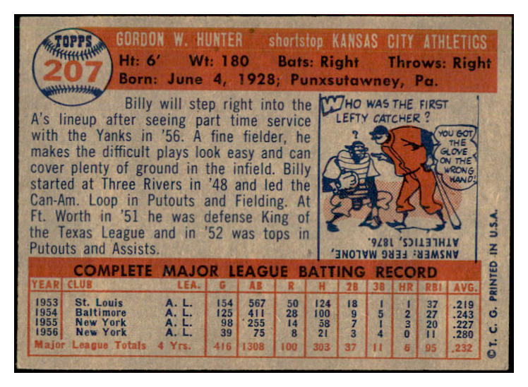 1957 Topps Baseball #207 Billy Hunter A's NR-MT 534879