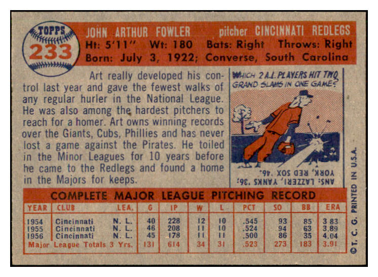 1957 Topps Baseball #233 Art Fowler Reds NR-MT 534899