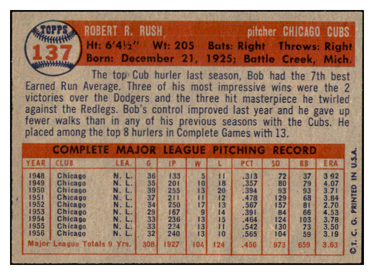 1957 Topps Baseball #137 Bob Rush Cubs NR-MT 534918