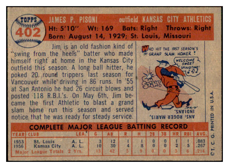 1957 Topps Baseball #402 Jim Pisoni A's EX-MT 534930
