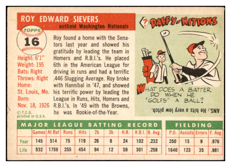1955 Topps Baseball #016 Roy Sievers Senators EX-MT 534957