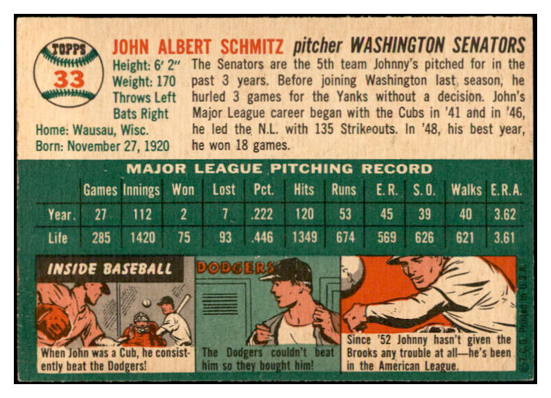 1954 Topps Baseball #033 Johnny Schmitz Senators EX-MT 534975