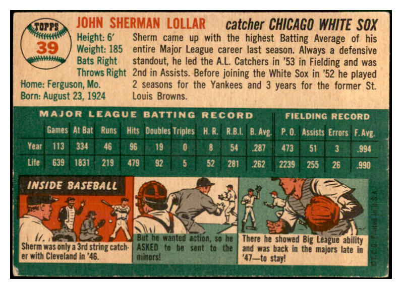 1954 Topps Baseball #039 Sherm Lollar White Sox EX-MT 534977