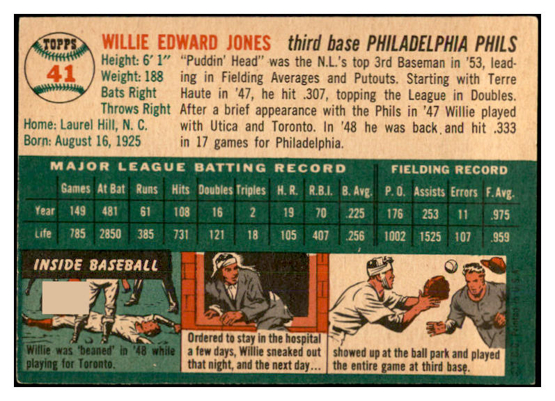 1954 Topps Baseball #041 Willie Jones Phillies EX-MT 534978