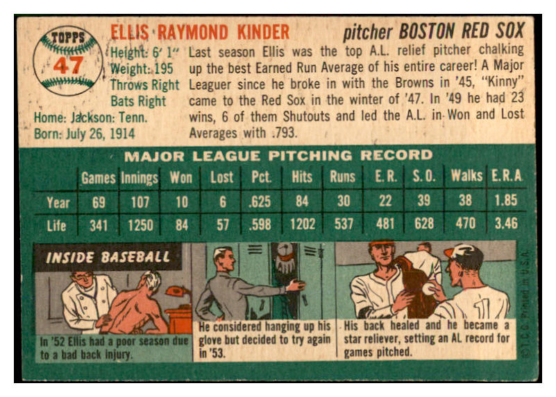 1954 Topps Baseball #047 Ellis Kinder Red Sox EX-MT 534981