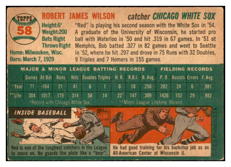 1954 Topps Baseball #058 Bob Wilson White Sox EX-MT 534987