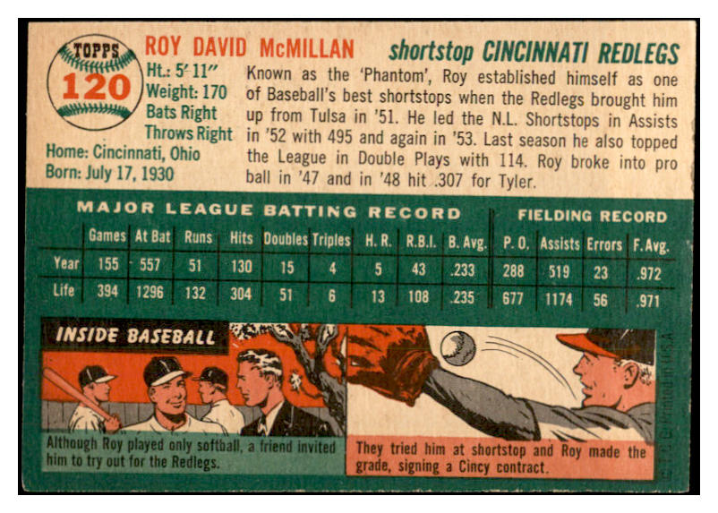 1954 Topps Baseball #120 Roy McMillan Reds EX-MT 535003