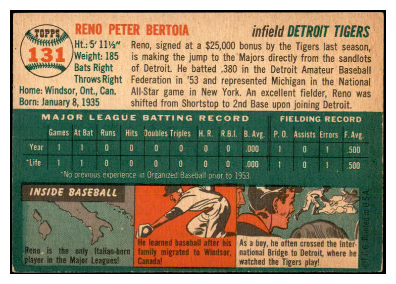 1954 Topps Baseball #131 Reno Bertoia Tigers EX-MT 535006
