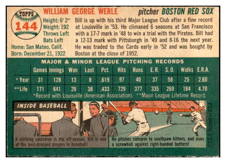 1954 Topps Baseball #144 Bill Werle Red Sox EX-MT 535013