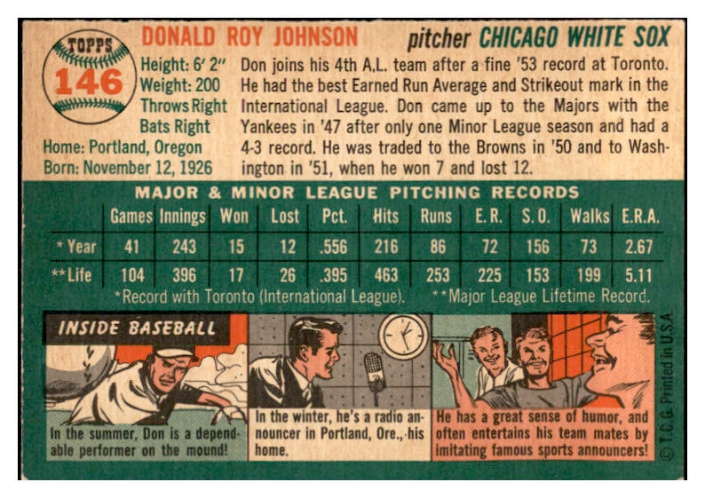 1954 Topps Baseball #146 Don Johnson White Sox EX-MT 535015
