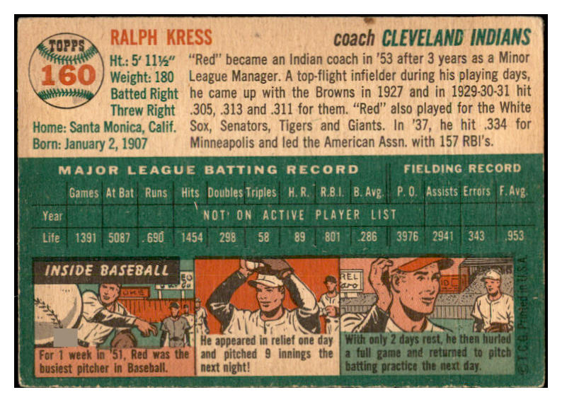 1954 Topps Baseball #160 Red Kress Indians EX-MT 535021