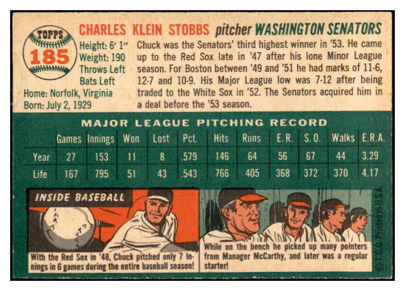 1954 Topps Baseball #185 Chuck Stobbs Senators EX-MT 535027