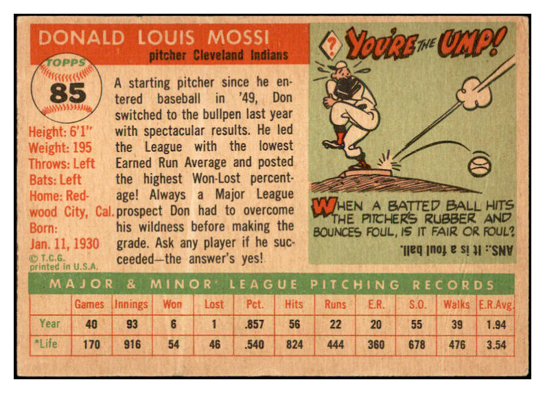 1955 Topps Baseball #085 Don Mossi Indians EX-MT 535062