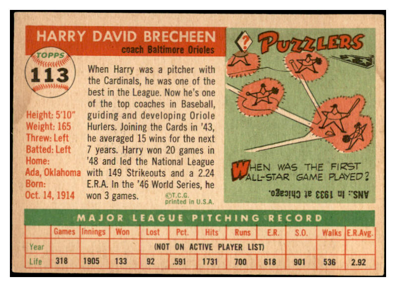 1955 Topps Baseball #113 Harry Brecheen Orioles EX-MT 535068
