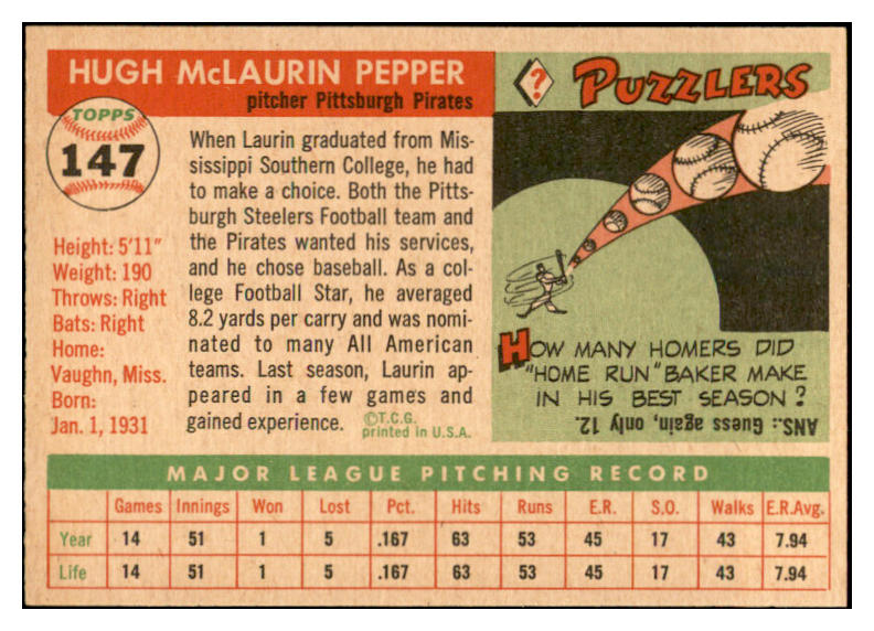 1955 Topps Baseball #147 Laurin Pepper Pirates EX-MT 535069
