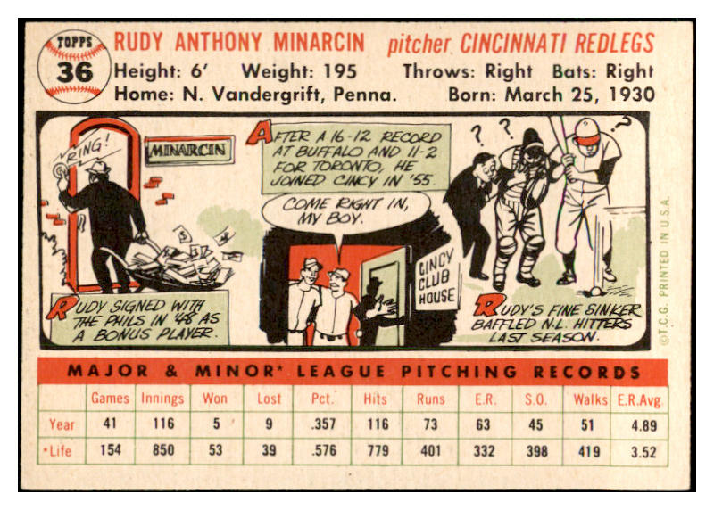 1956 Topps Baseball #036 Rudy Minarcin Reds EX-MT White 535084