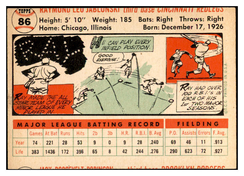 1956 Topps Baseball #086 Ray Jablonski Reds EX-MT White 535119