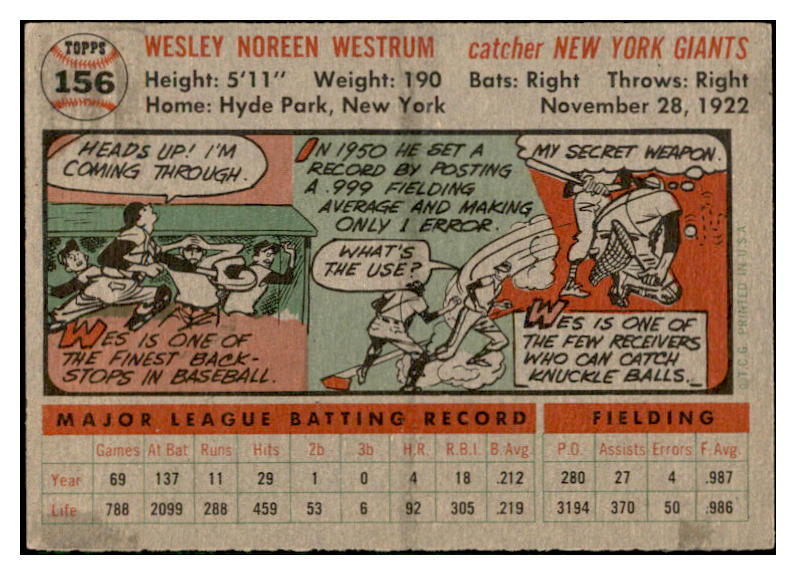 1956 Topps Baseball #156 Wes Westrum Giants EX-MT Gray 535177