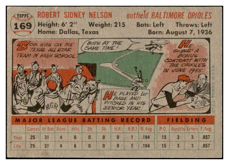 1956 Topps Baseball #169 Bob Nelson Orioles EX-MT Gray 535193