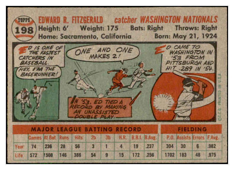 1956 Topps Baseball #198 Ed Fitzgerald Senators EX-MT 535223