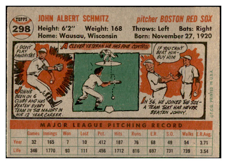 1956 Topps Baseball #298 Johnny Schmitz Red Sox EX-MT 535338