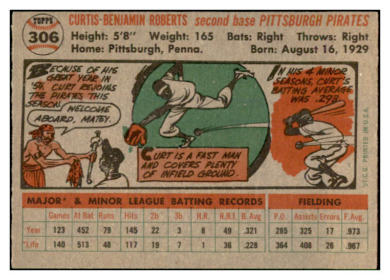 1956 Topps Baseball #306 Curt Roberts Pirates EX-MT 535349