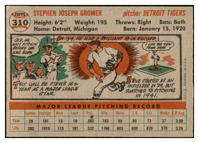 1956 Topps Baseball #310 Steve Gromek Tigers EX-MT 535353
